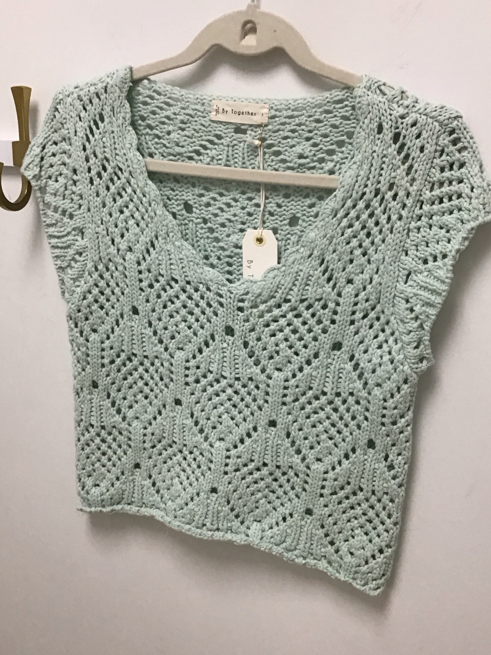 By Together Mint Green Crochet Knit V‑Neck Crop Top